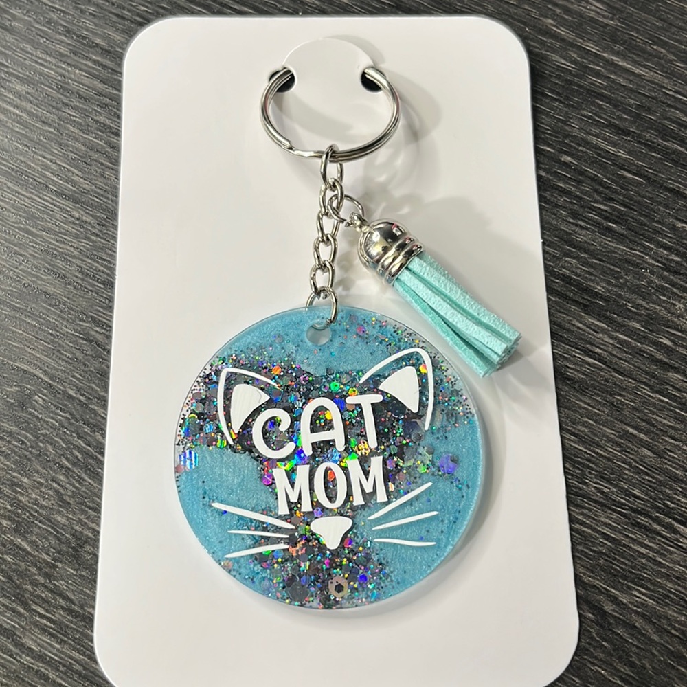 Hand crafted Cat Mom Tiffany blue and grey keychain